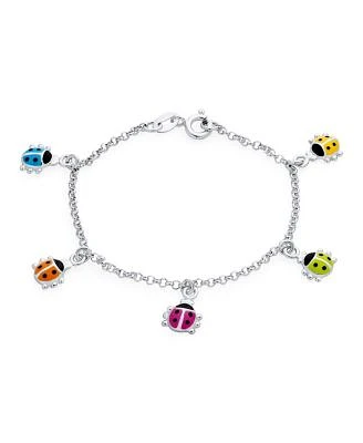 Bling Jewelry Good Luck Lucky Garden Colorful 5 Multi Ladybug Dangling Charm Bracelet .925 Sterling Silver 6.5 Inch Small Wrist