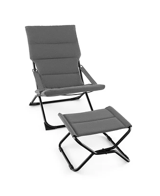 Slickblue Patio Folding Sling Chair with Ottoman Footrest and Removable Cushion-Grey