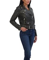 Sebby Collection Women's Distressed Faux Leather Biker Jacket With Attached Belt