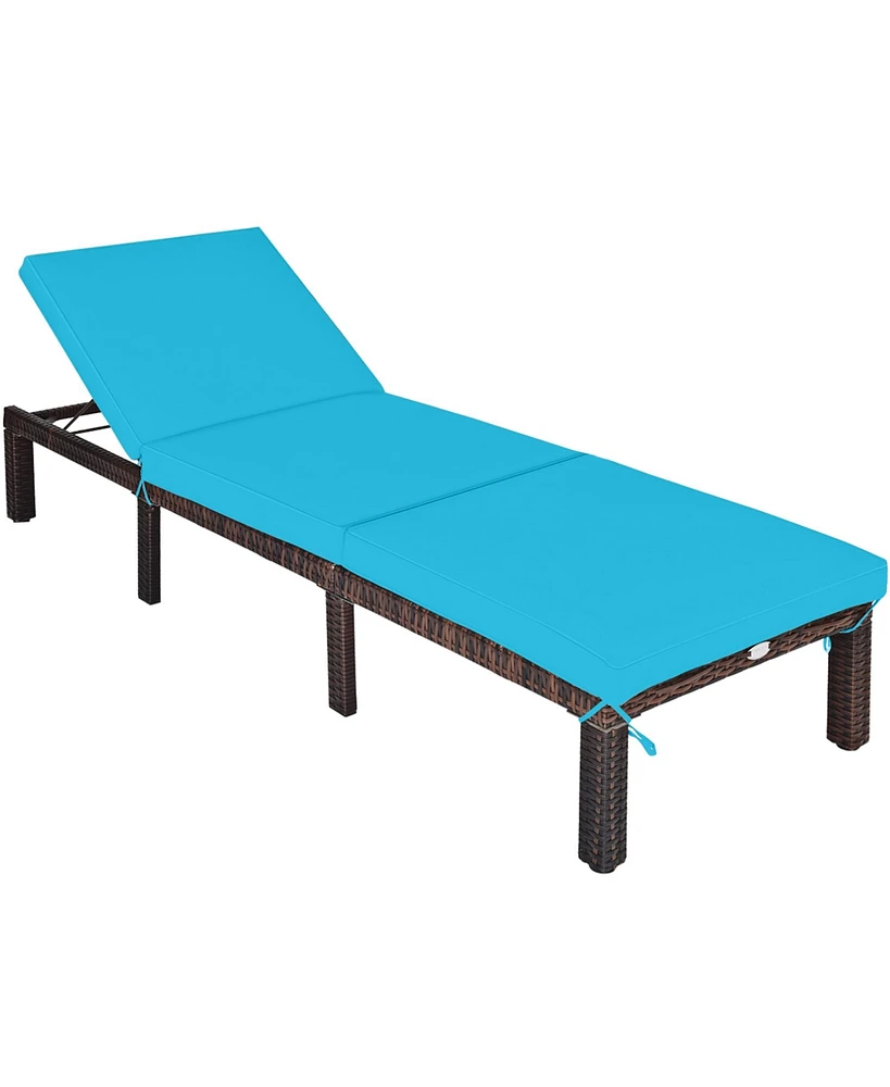 Gymax Adjustable Patio Rattan Chaise Lounge Chair Recliner Outdoor w/ Turquoise Cushion