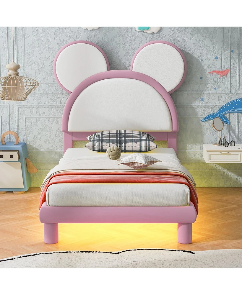 Simplie Fun Twin Platform Bed with Cartoon Ears Headboard and Led