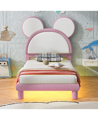 Simplie Fun Twin Platform Bed with Cartoon Ears Headboard and Led