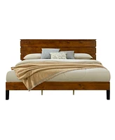 Simplie Fun Mid-Century Modern Solid Wood King Bed with Three-Piece Headboard