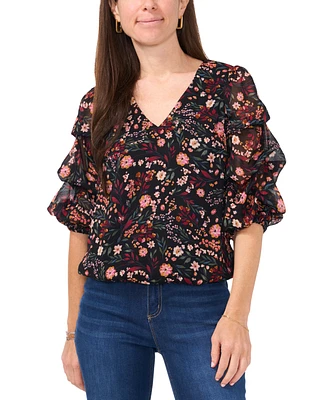 Sam & Jess Petite V-Neck Floral-Print 3/4-Sleeve Top