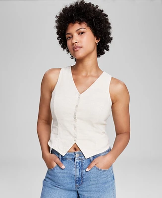 And Now This Women's Button-Down Linen-Blend V-Neck Vest