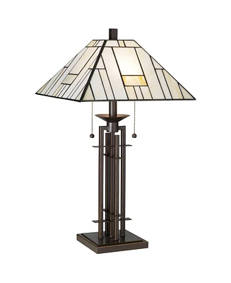 Franklin Iron Works Mission Tiffany Style Table Lamp with Table Top Dimmer 26.5" High Bronze Wrought Iron Stained Glass Shade for Living Room Bedroom