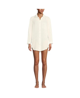 Lands' End Women's Cotton Gauze Button Down Swim Cover-up Shirt Dress