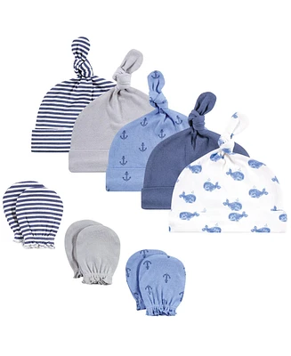 Hudson Baby Baby Boys Cotton Cap and Scratch Mitten Set, Blue Whale, 0-6 Months