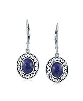 Bling Jewelry Western Style Blue Lapis Lazuli Gemstone Oval Bezel Set Lever Back Dangle Earrings For Women Oxidized .925 Sterling Silver