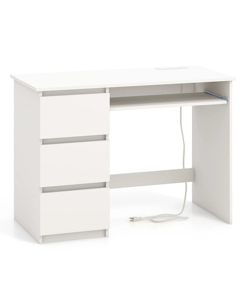 Slickblue Computer Desk with Power Outlet Keyboard Tray and 3 Large Drawers-White