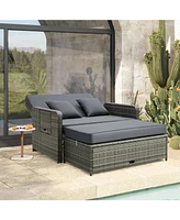 Patio Wicker Loveseat Sofa with Multipurpose Ottoman and Retractable Side Tray