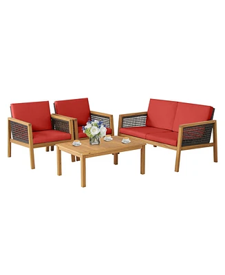 Skonyon 4 Pieces Patio Rattan Furniture Set with Removable Cushions