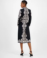 T Tahari Women's Printed Long-Sleeve Midi Shirtdress