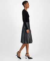 T Tahari Women's Mixed-Media Faux-Leather Fit & Flare Dress