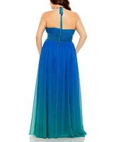 Mac Duggal Women's Plus Size Halter Ruched Ombre Gown