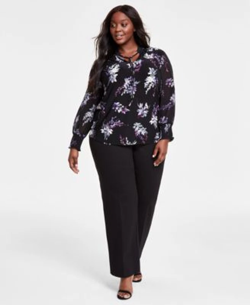 Anne Klein Plus Size Printed Split Neck Blouson Sleeve Blouse Compression Pull On Wide Leg Trousers