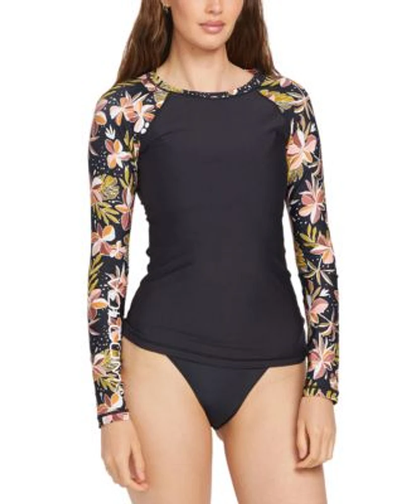 Volcom Juniors Fronds Forever Printed Sleeve Rash Guard Simply Seamless Cheeky Bikini Bottoms