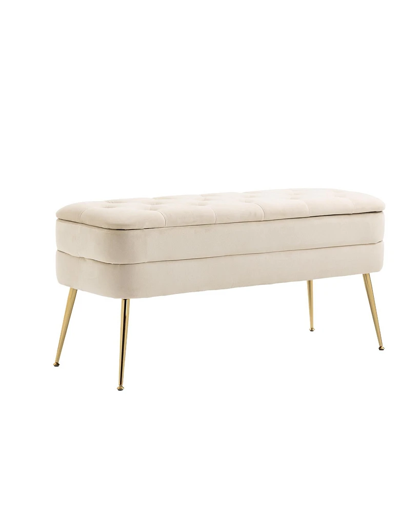 Mondawe Beige Upholstered Fabric Storage Ottoman Bedroom End Bench With Safety