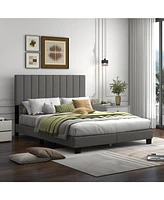 Sugift Queen Size Upholstered Bed Frame with Vertical Channel Tufted Headboard-Gray