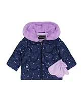 S Rothschild & Co Baby Girls Foil Wave Quilt Puffer with Mittens