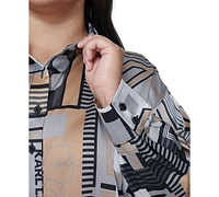 Karl Lagerfeld Paris Plus Printed Button-Front Long-Sleeve Blouse, Created for Macy's