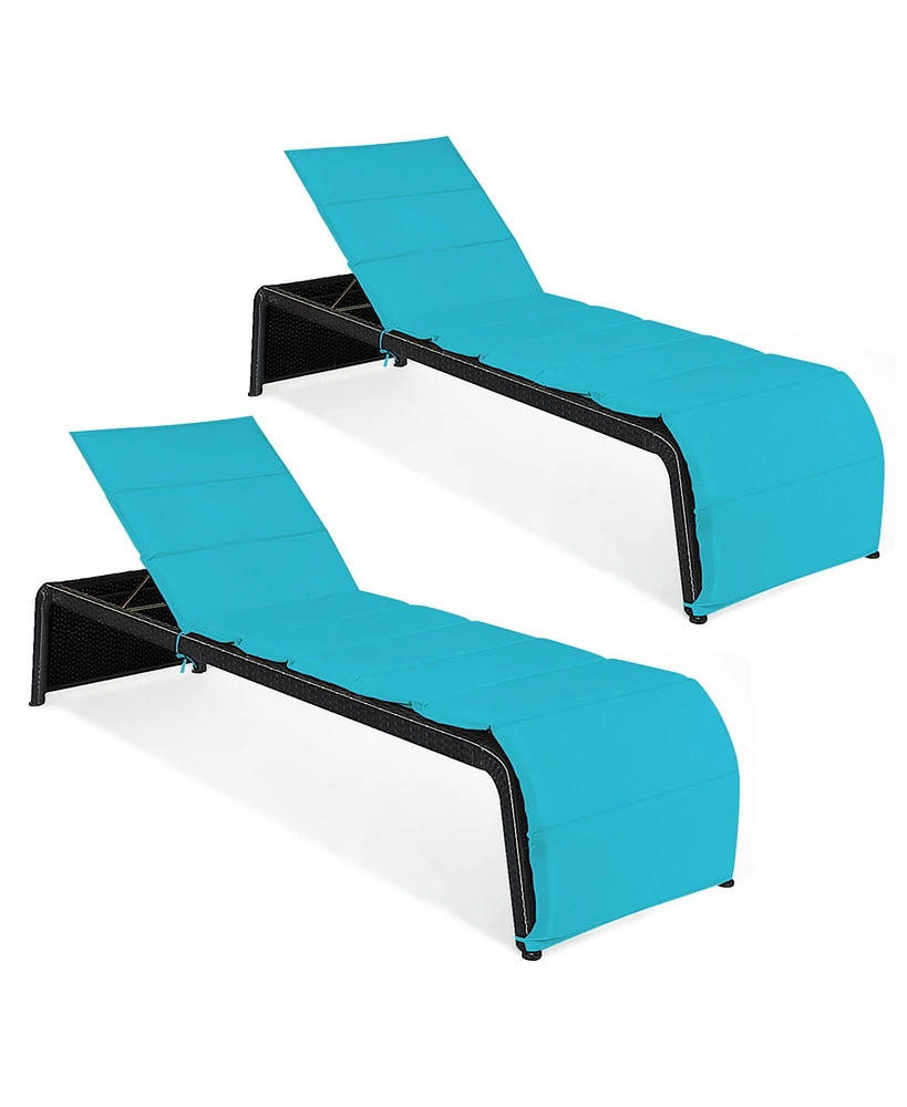 Gymax Set of 2 Adjustable Rattan Patio Recliner Chaise Lounge Chair w/ Turquoise Cushion