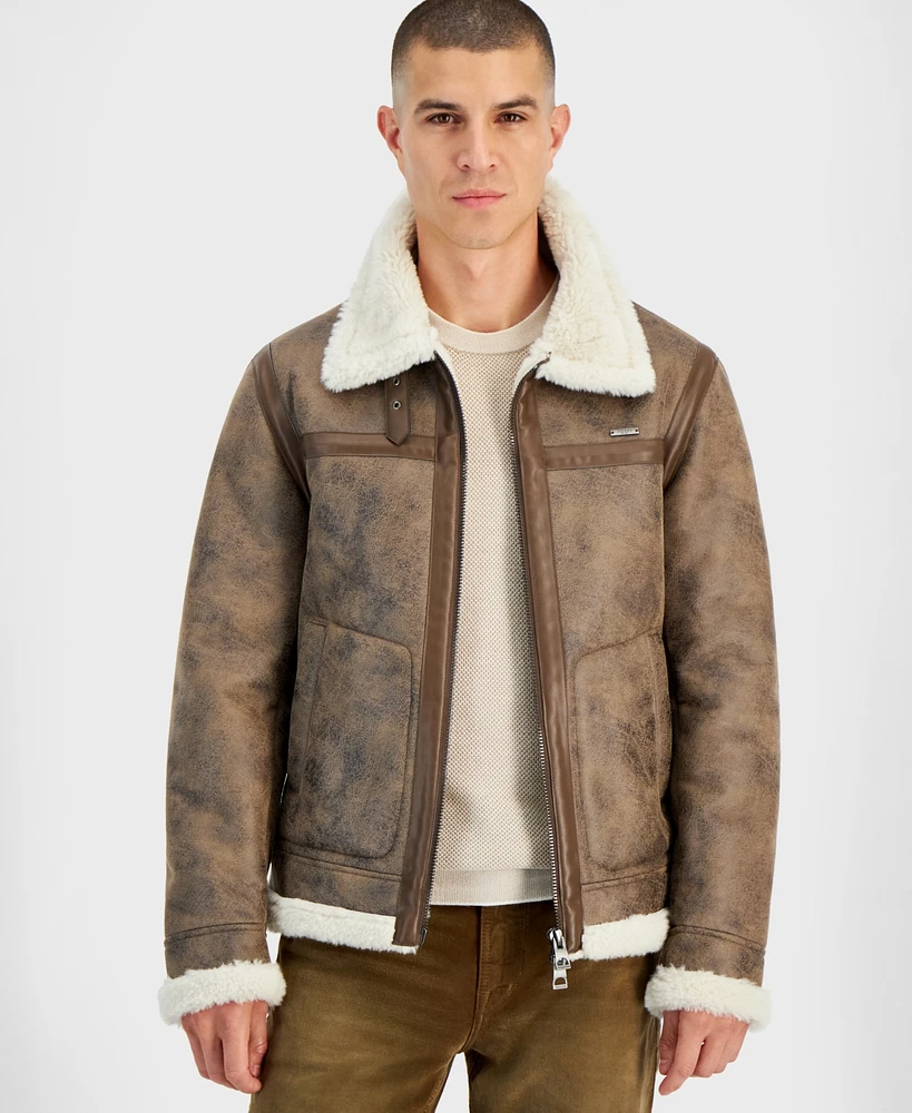 Guess Men's Zip Front Aviator Jacket with Faux Fur Lining