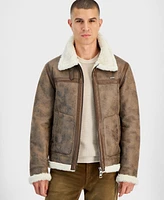 Guess Men's Zip Front Aviator Jacket with Faux Fur Lining