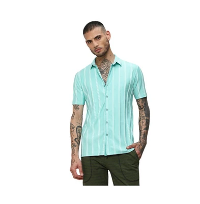 Campus Sutra Men's Aqua Blue Unbalanced Striped Shirt