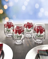 Winterberry Red Ribbon Stemless Wine Glasses, Set of 4