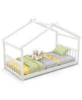 Sugift Twin Size Wooden House Bed with Roof