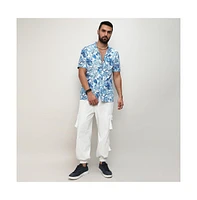 Campus Sutra Men's Chalk White:Indigo Blue Mesh Foliage Shirt