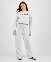 Planet Heart Juniors Bubble Hem Varsity Crewneck Sweatshirt Wide Leg Sweatpants