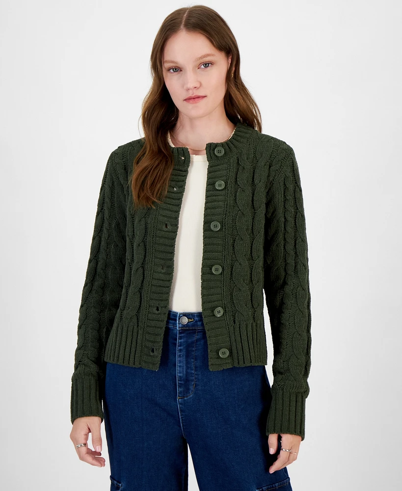 Hippie Rose Juniors' Crewneck Chunky Cable-Knit Cardigan