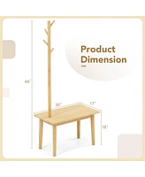 Sugift End Table with Coat Rack Solid Wood Coat Tree with 2-in-1 Side Table