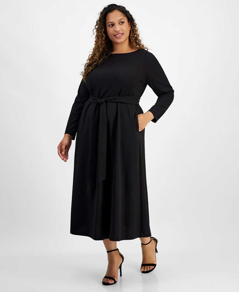 Anne Klein Plus Boat-Neck Long-Sleeve Midi Fit & Flare Dress