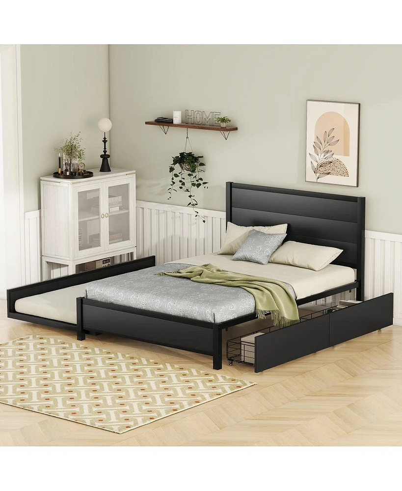 Streamdale Furniture Metal Full Size Storage Platform Bed With Twin Size Trundle And 2 Drawers