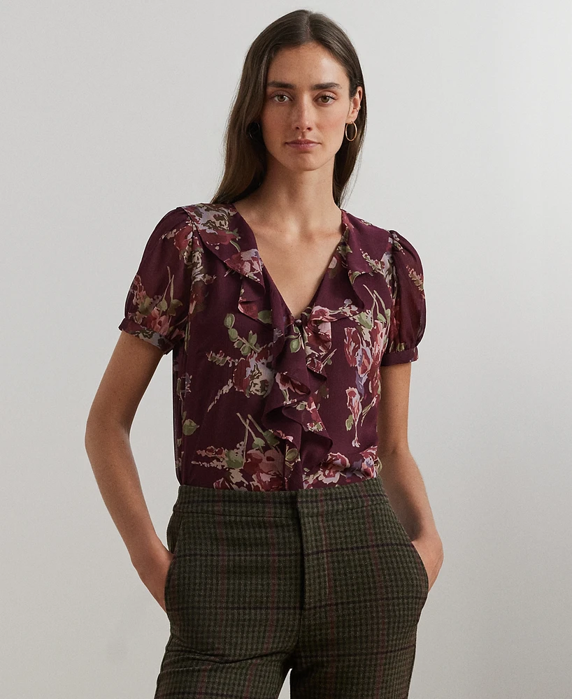 Lauren Ralph Petite Floral Puff-Sleeve Top