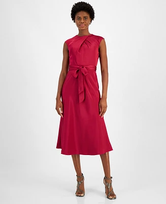 Tahari Petite Pleated-Neck Sleeveless Tie-Waist Midi Dress