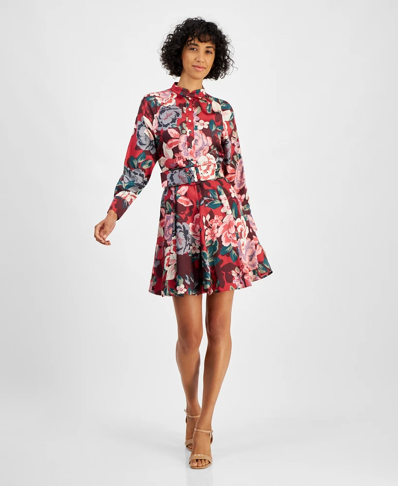 Tahari Petite Floral Button-Trim Belted Long-Sleeve Dress