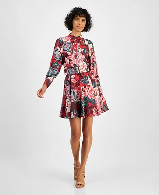 Tahari Petite Floral Button-Trim Belted Long-Sleeve Dress