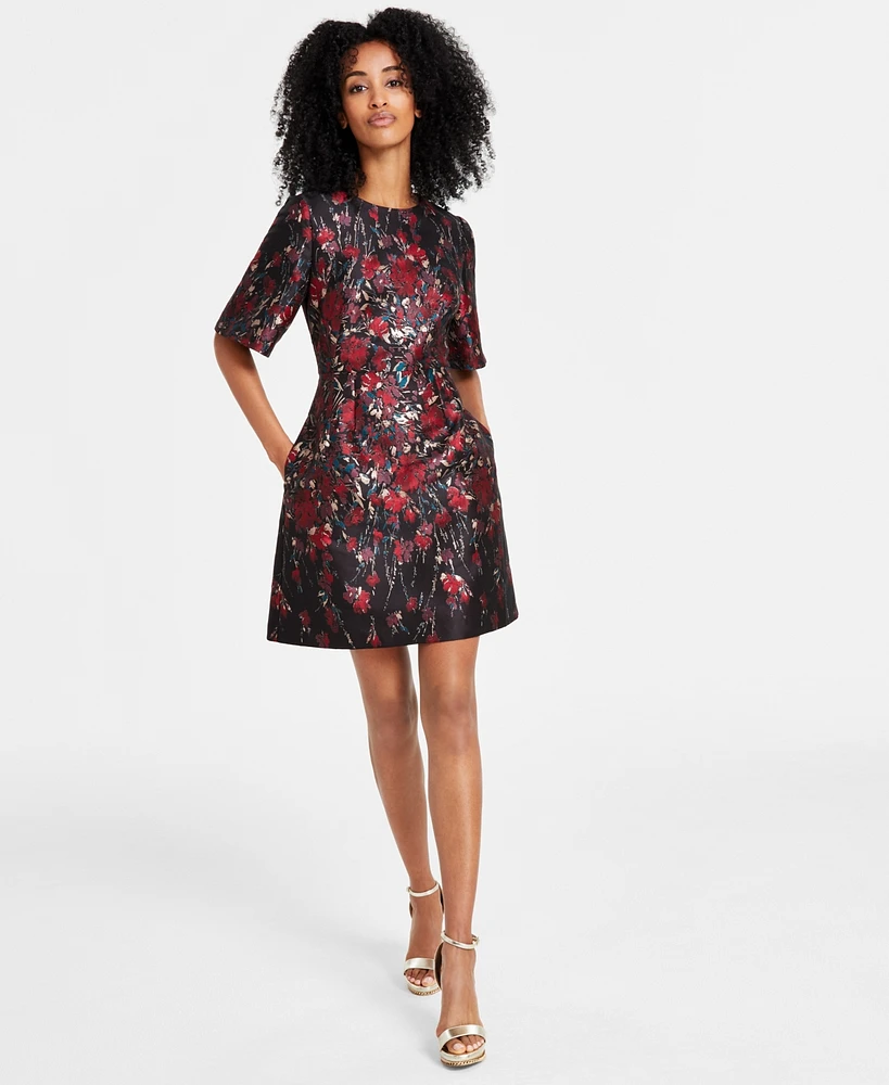 Vince Camuto Women's Floral Jacquard Short-Sleeve Dress