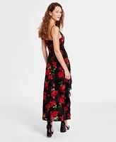 Bcx Tiered Ruffles Rose Print Velvet Burnout Maxi Dress