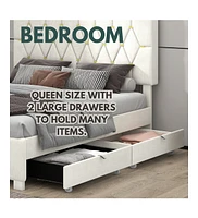 Streamdale Furniture Beige Queen Size Trundle Pull Out Drawers Storage Upholstered Bed Modern Design No Box Spring Required