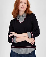 Tommy Hilfiger Women's V-Neck Sweater and Button-Up Shirt