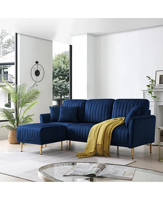 Simplie Fun Blue Velvet Reversible Sectional Sofa with Ottoman