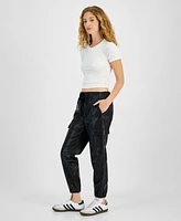 Tinseltown Juniors' Faux-Leather Cargo Jogger Pants