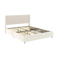 Anna Patented 2-Drawer Storage Bed Queen Size Ivory Velvet Upholstered Wingback Platform Bed, Modern Design Headboard with Tight Channel, Wooden Slat