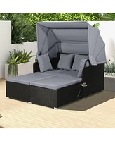 Costway Patio Rattan Daybed Lounge Retractable Top Canopy Side Tables Cushions