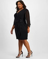 Connected Plus Surplice-Neck Sheer-Sleeve Sheath Dress